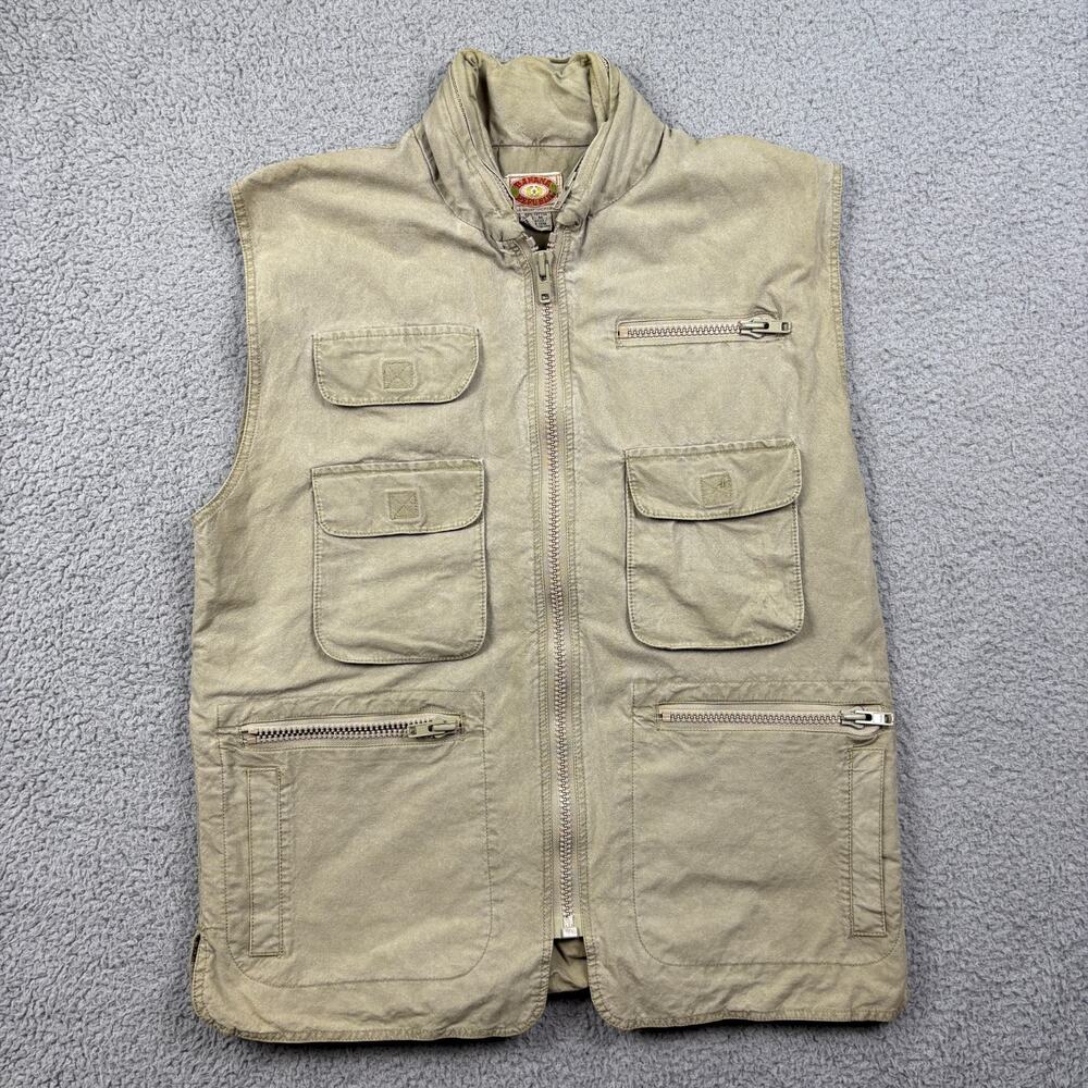 VTG Banana Republic Vest Mens Medium Beige Safari Full Zip Outdoor Utility Hood
